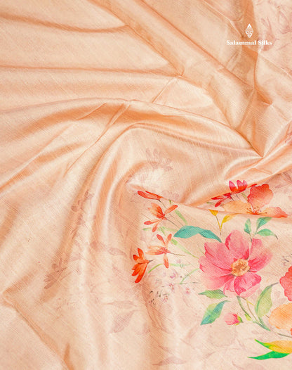 Semi Tussar Saree - Beige Plain Along With Floral Design & Contrast Pink Shade Border