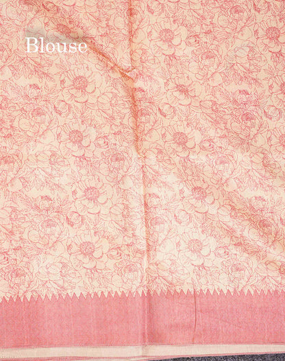 Semi Tussar Saree - Beige Plain Along With Floral Design & Contrast Pink Shade Border