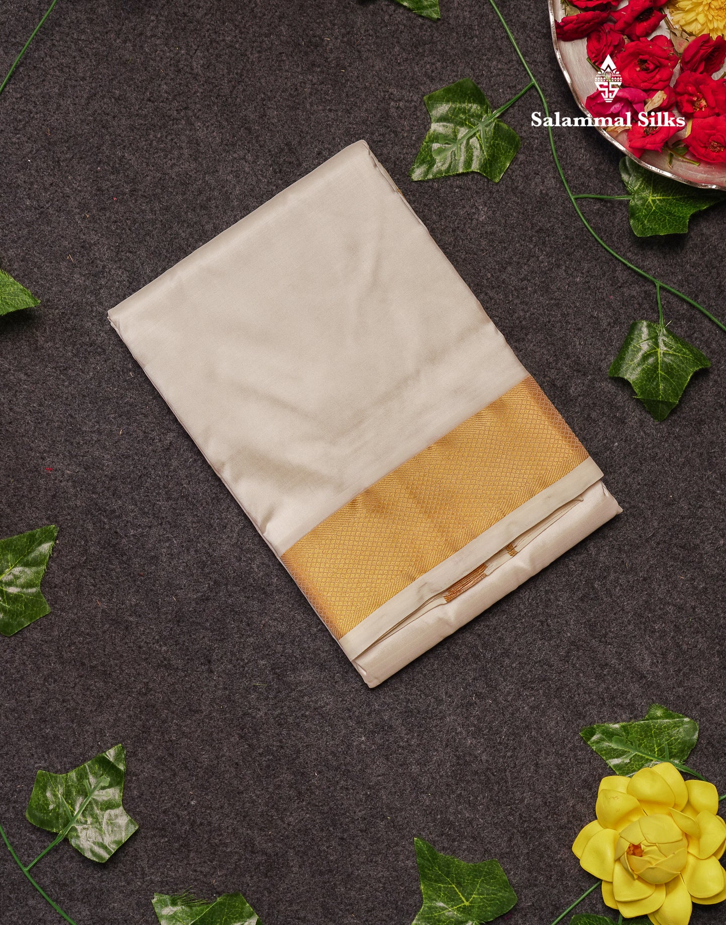 Cream White Pure Silk Dhoti (9x5) Yards with Gold Zari Border