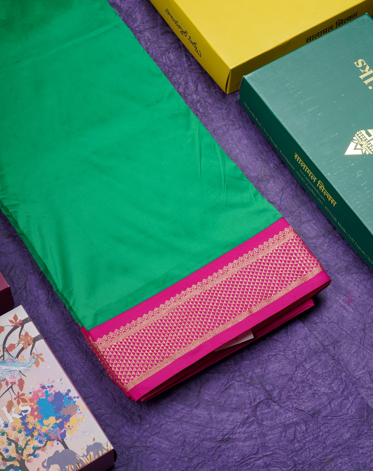 9.5 Yards Semi Silk Saree Orange with Contrast Pink Border