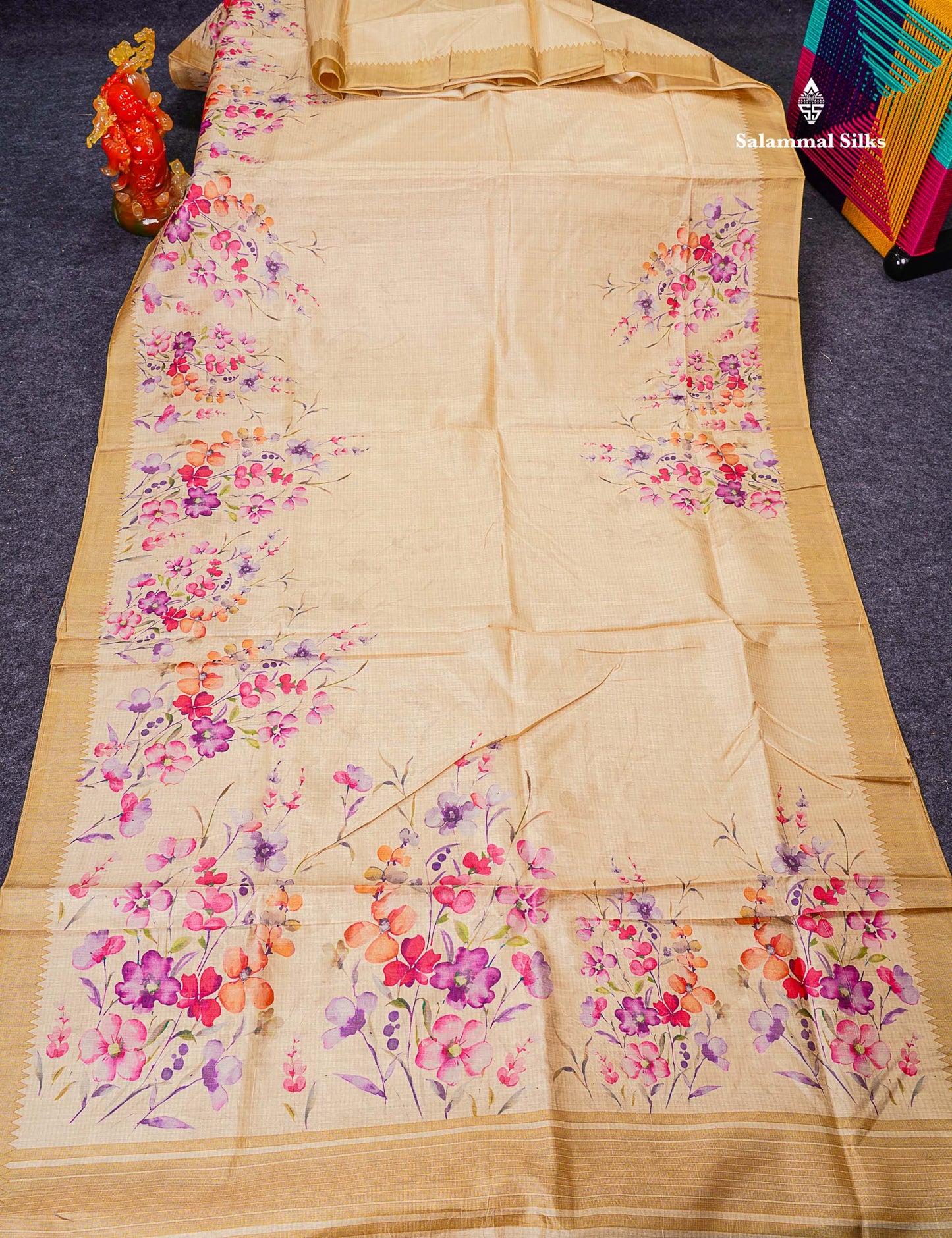 Semi Tussar Saree - Sandal Plain Along With Floral Design & Contrast Dark Sandal Border