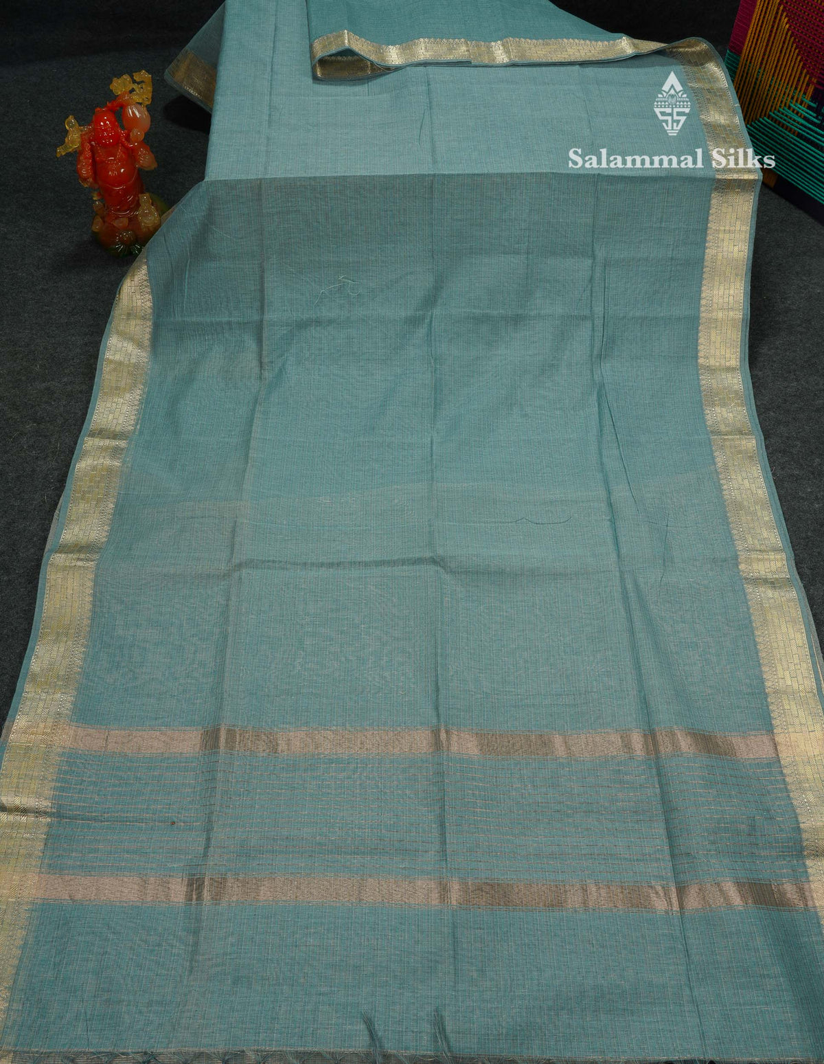 Beautiful Sea Blue Linen Cotton Mix Fancy Saree With Fancy Border