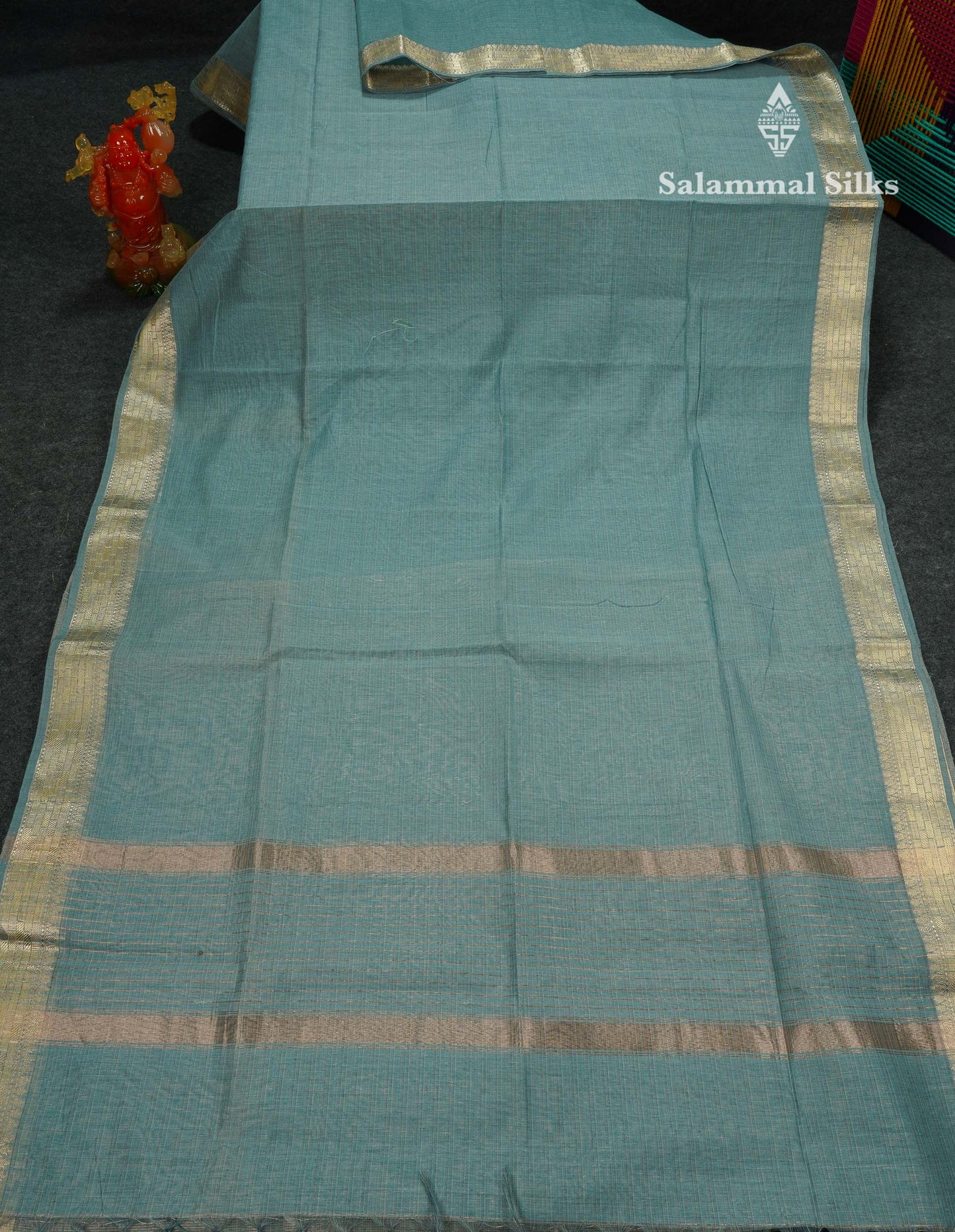 Beautiful Sea Blue Linen Cotton Mix Fancy Saree With Fancy Border