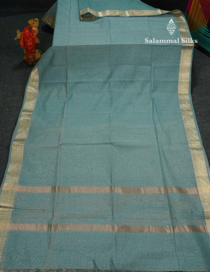 Beautiful Sea Blue Linen Cotton Mix Fancy Saree With Fancy Border