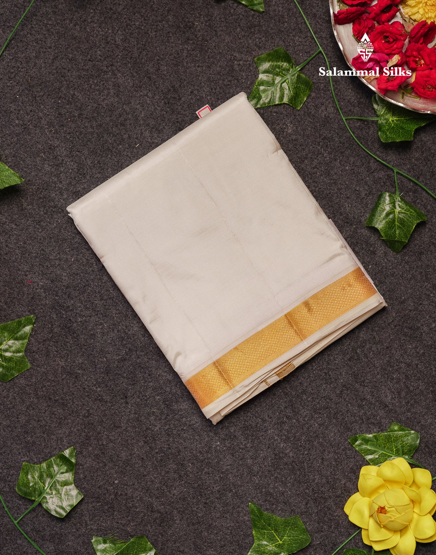 Beautiful Cream White Pure Silk (9x5)Dhoti With Gold Zari Border