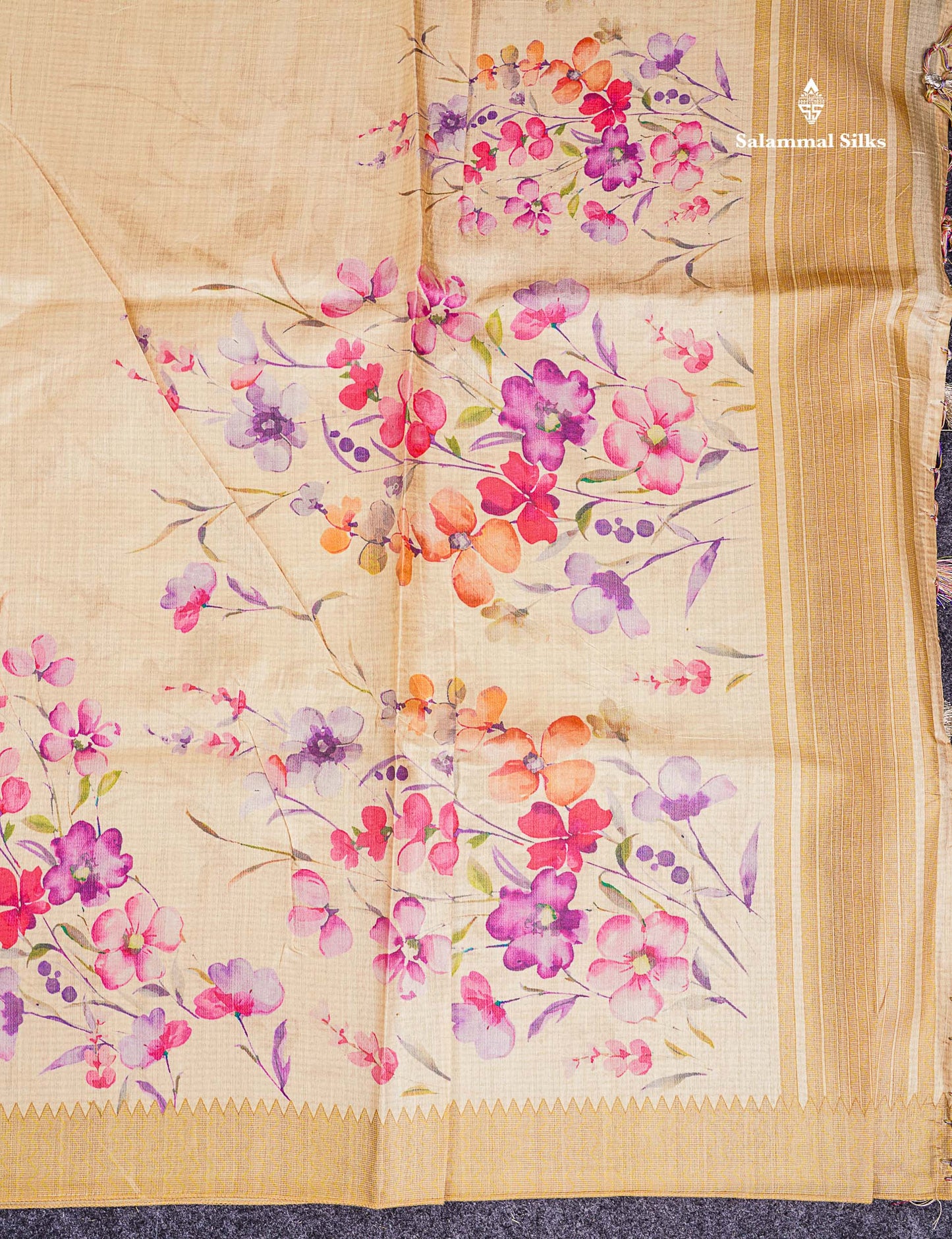 Semi Tussar Saree - Sandal Plain Along With Floral Design & Contrast Dark Sandal Border
