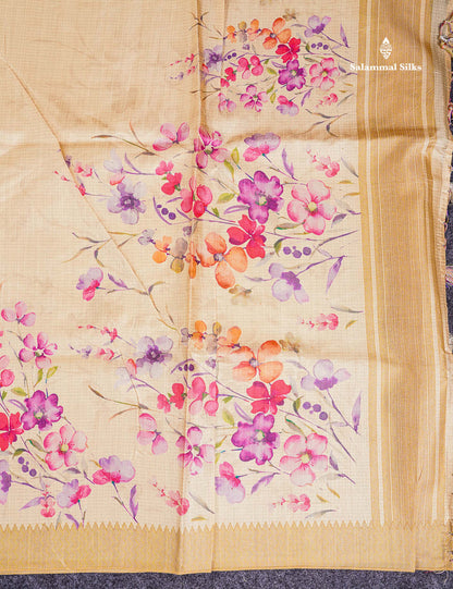 Semi Tussar Saree - Sandal Plain Along With Floral Design & Contrast Dark Sandal Border