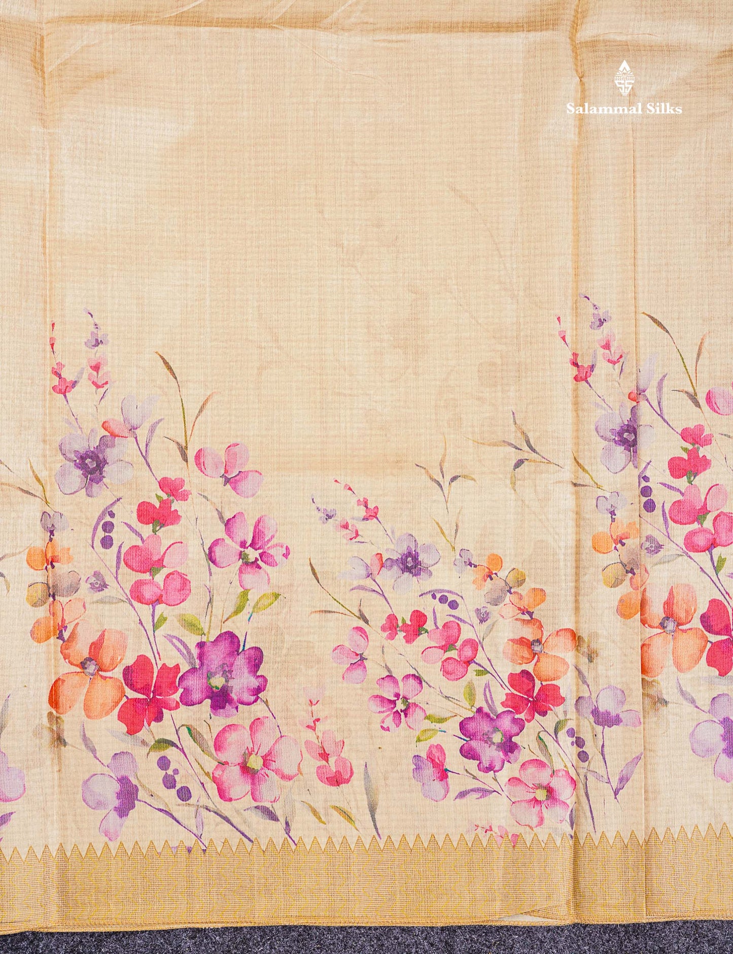 Semi Tussar Saree - Sandal Plain Along With Floral Design & Contrast Dark Sandal Border