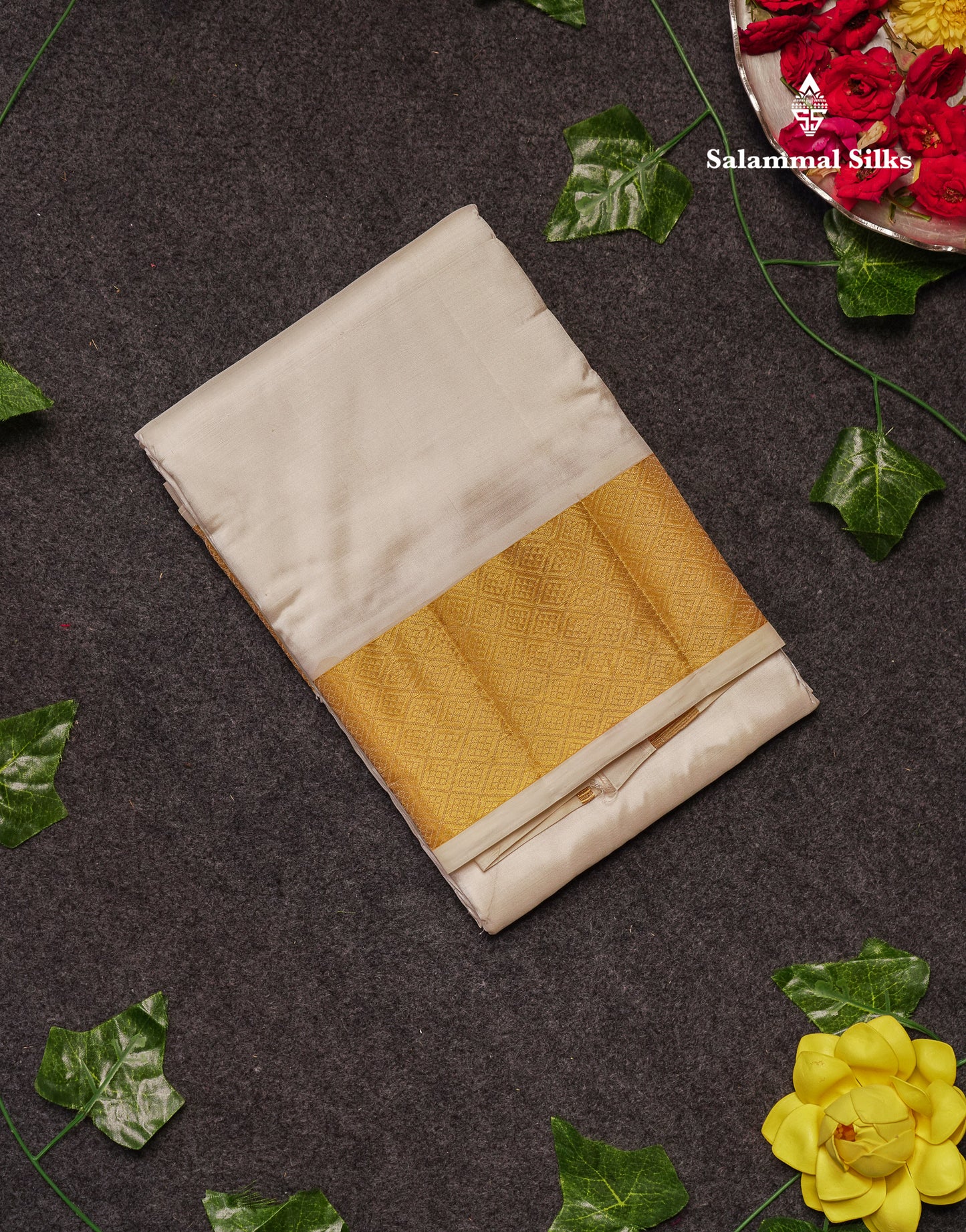 Cream White Pure Silk Dhoti (8x4) with Gold Zari Border
