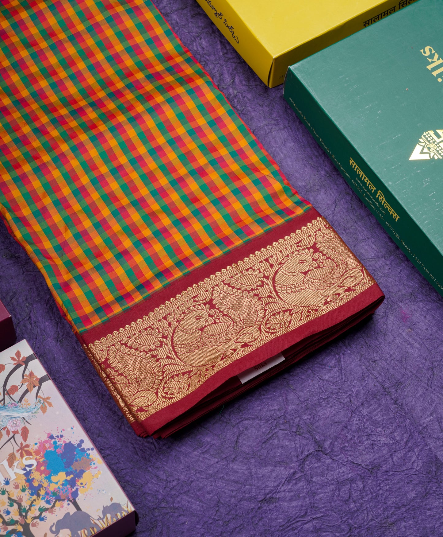 9.5 Yards Semi Silk Saree Multicolour Checks with Contrast Maroon Border