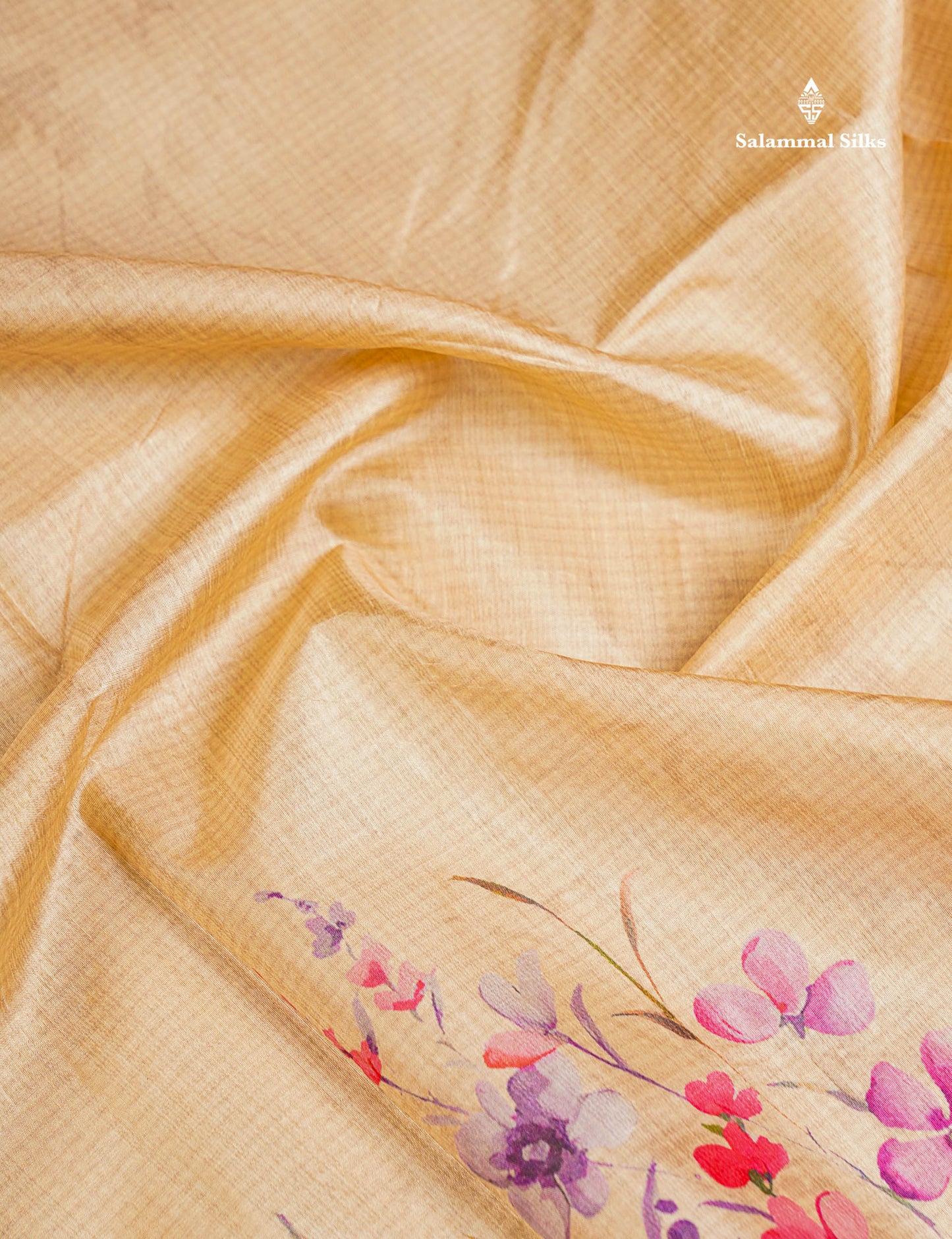 Semi Tussar Saree - Sandal Plain Along With Floral Design & Contrast Dark Sandal Border