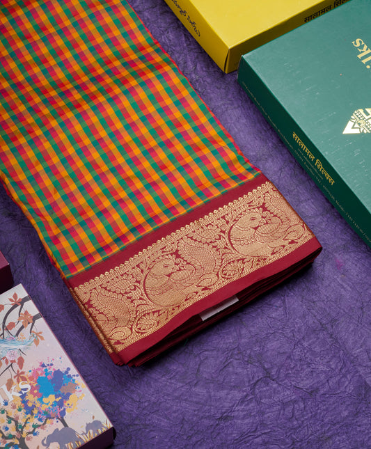 9.5 Yards Semi Silk Saree Multicolour Checks with Contrast Maroon Border