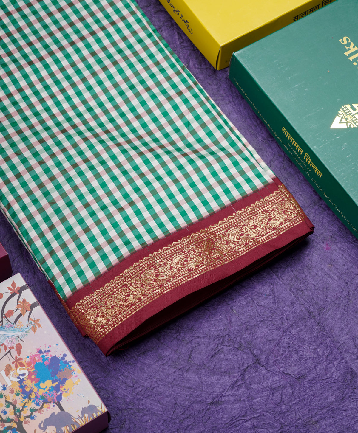 11 Yards Semi Silk Saree Multicolour Checks with Traditional Maroon Border
