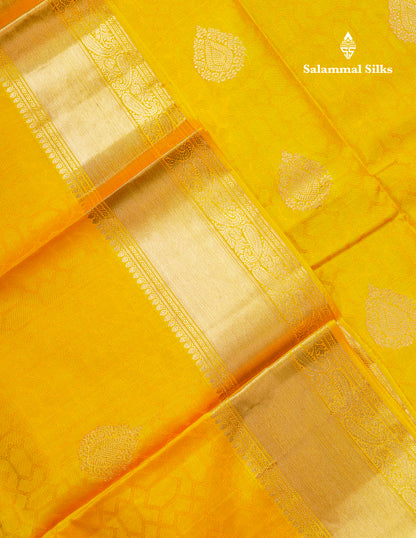 Beautiful Yellow Pure Kanjivaram Silk Saree With Traditional Medium Border