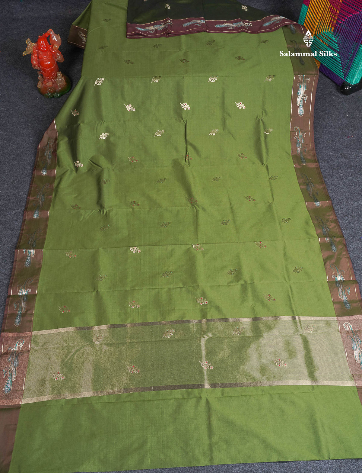 Semi Silk Saree - Olive Green Colour Body With Fancy Border