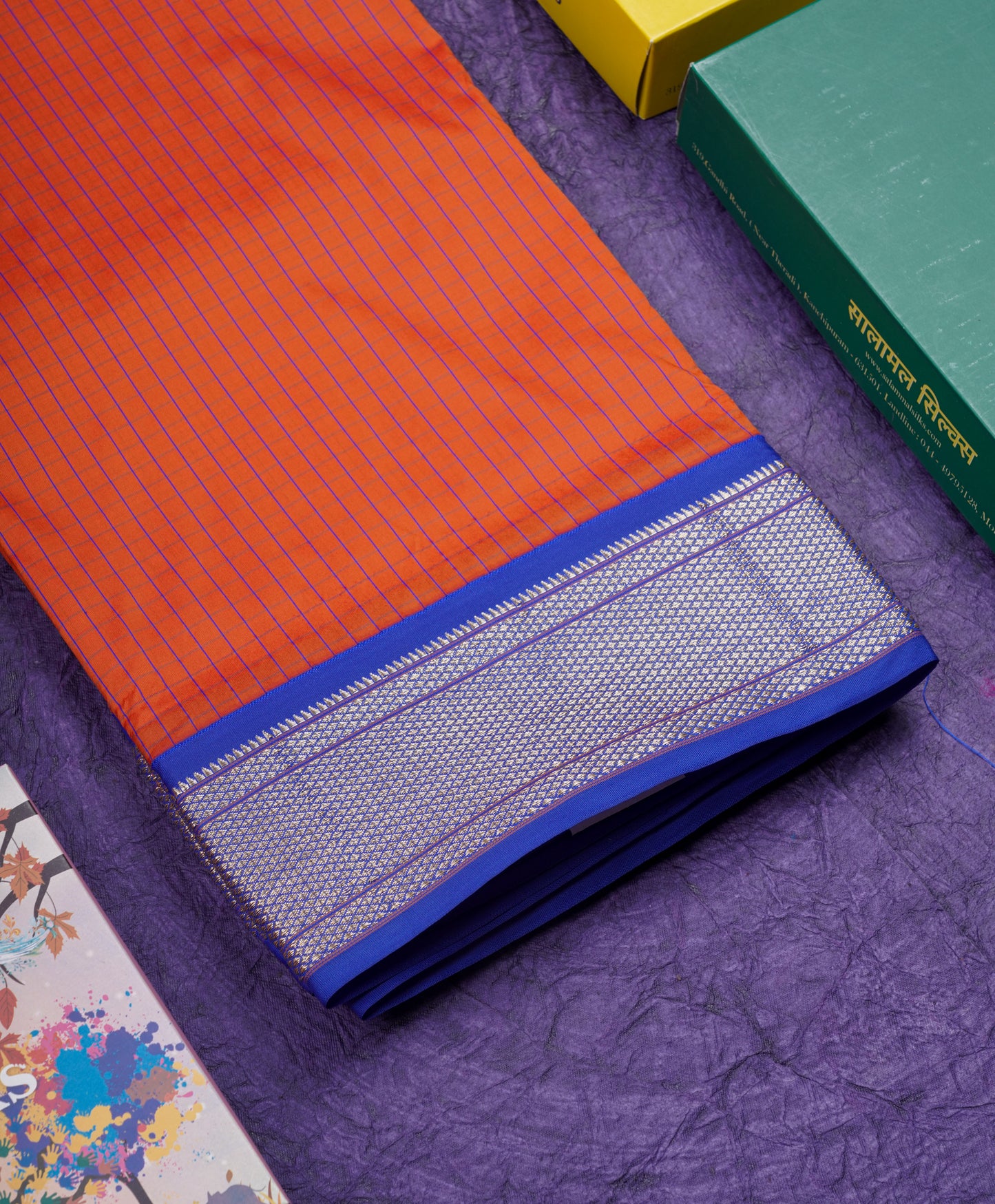9 Yards Semi Silk Saree Violet Colour with Pink Border