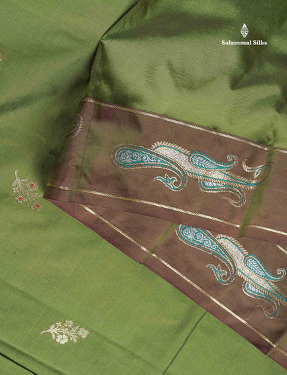 Semi Silk Saree - Olive Green Colour Body With Fancy Border