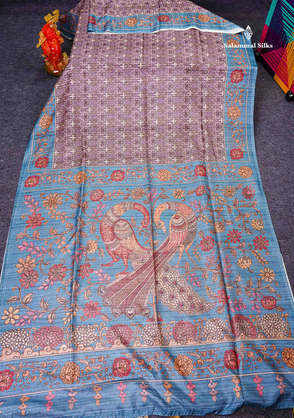 Semi Tussar Saree -  Dual Tone Magenta Along With Contrast Ramar Blue Fancy Border