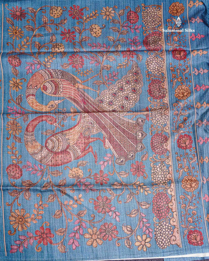 Semi Tussar Saree -  Dual Tone Magenta Along With Contrast Ramar Blue Fancy Border
