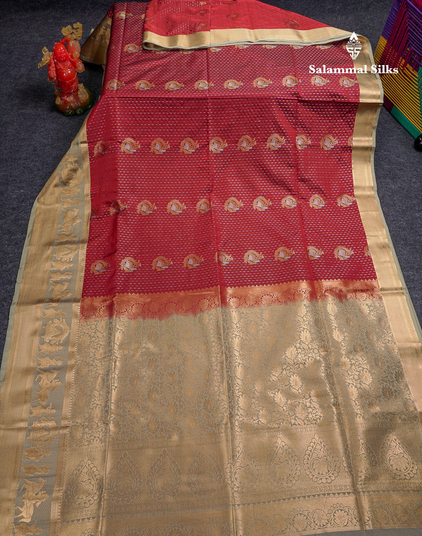Beautiful Dark Violet Silver & Gold Zari Buttas Semi Silk Saree With Contrast Olive Green Traditional Pallaku Border