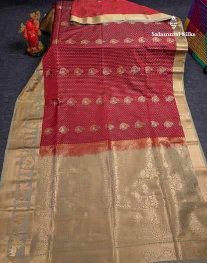 Beautiful Dark Violet Silver & Gold Zari Buttas Semi Silk Saree With Contrast Olive Green Traditional Pallaku Border