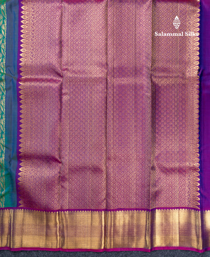 Dual Tone Peacock Green Bridal Pure Kanjivaram Silk Saree With Contrast Magenta Traditional Border