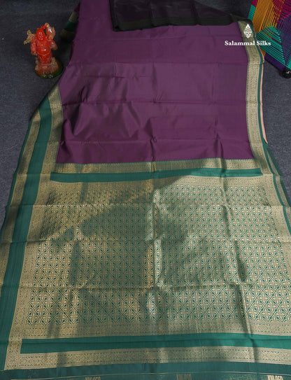 Semi Silk Saree - Wine Purple Colour Body Plain With Contrast Green Gap Border