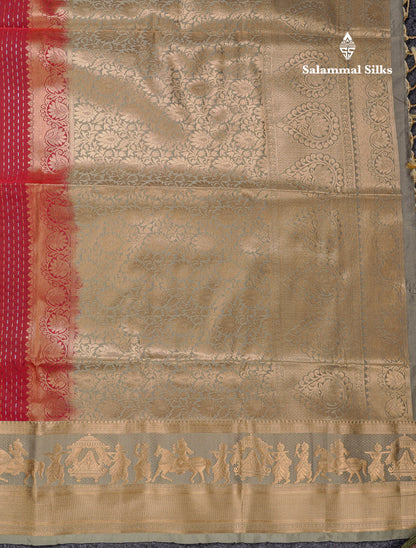 Beautiful Dark Violet Silver & Gold Zari Buttas Semi Silk Saree With Contrast Olive Green Traditional Pallaku Border
