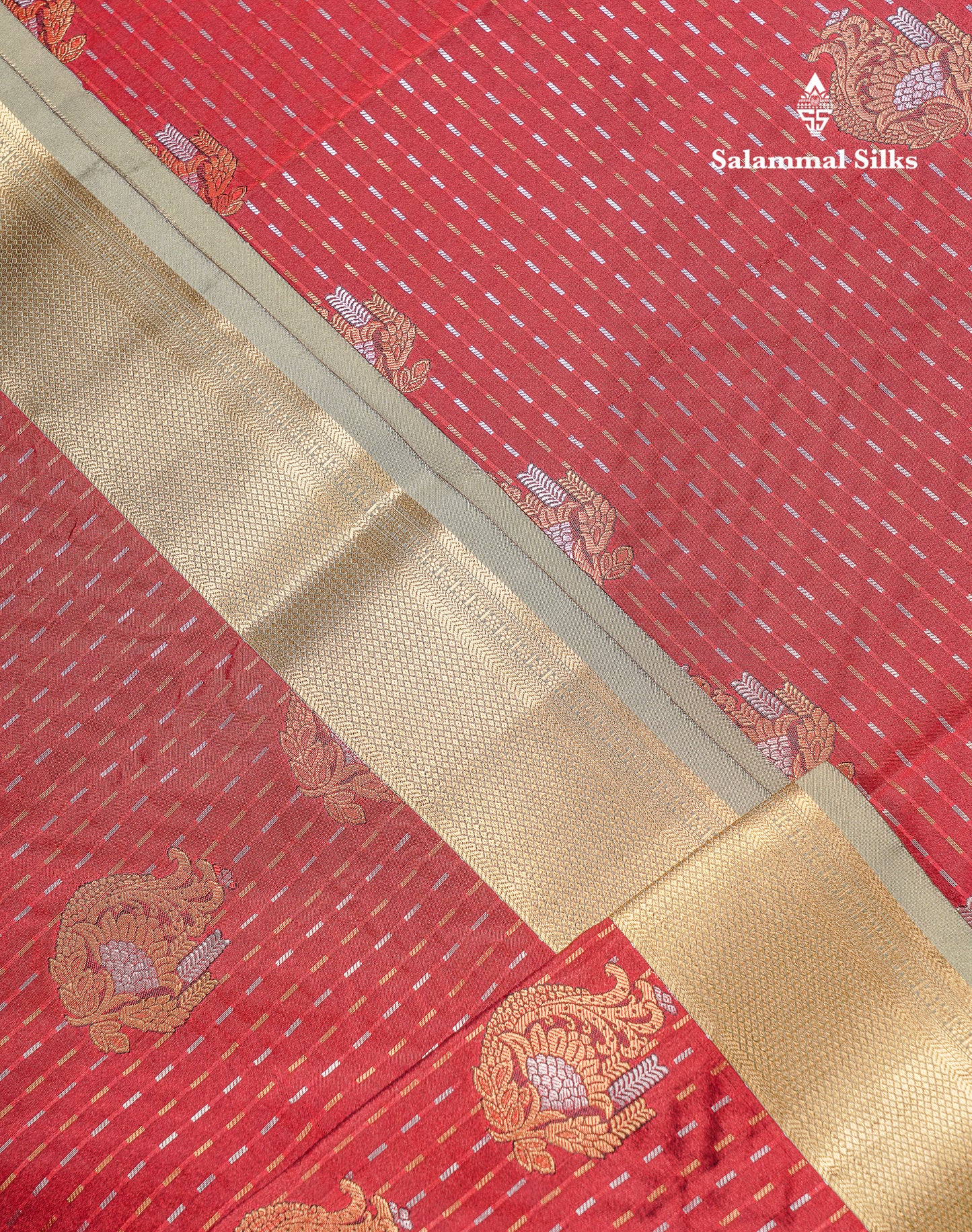 Beautiful Dark Violet Silver & Gold Zari Buttas Semi Silk Saree With Contrast Olive Green Traditional Pallaku Border