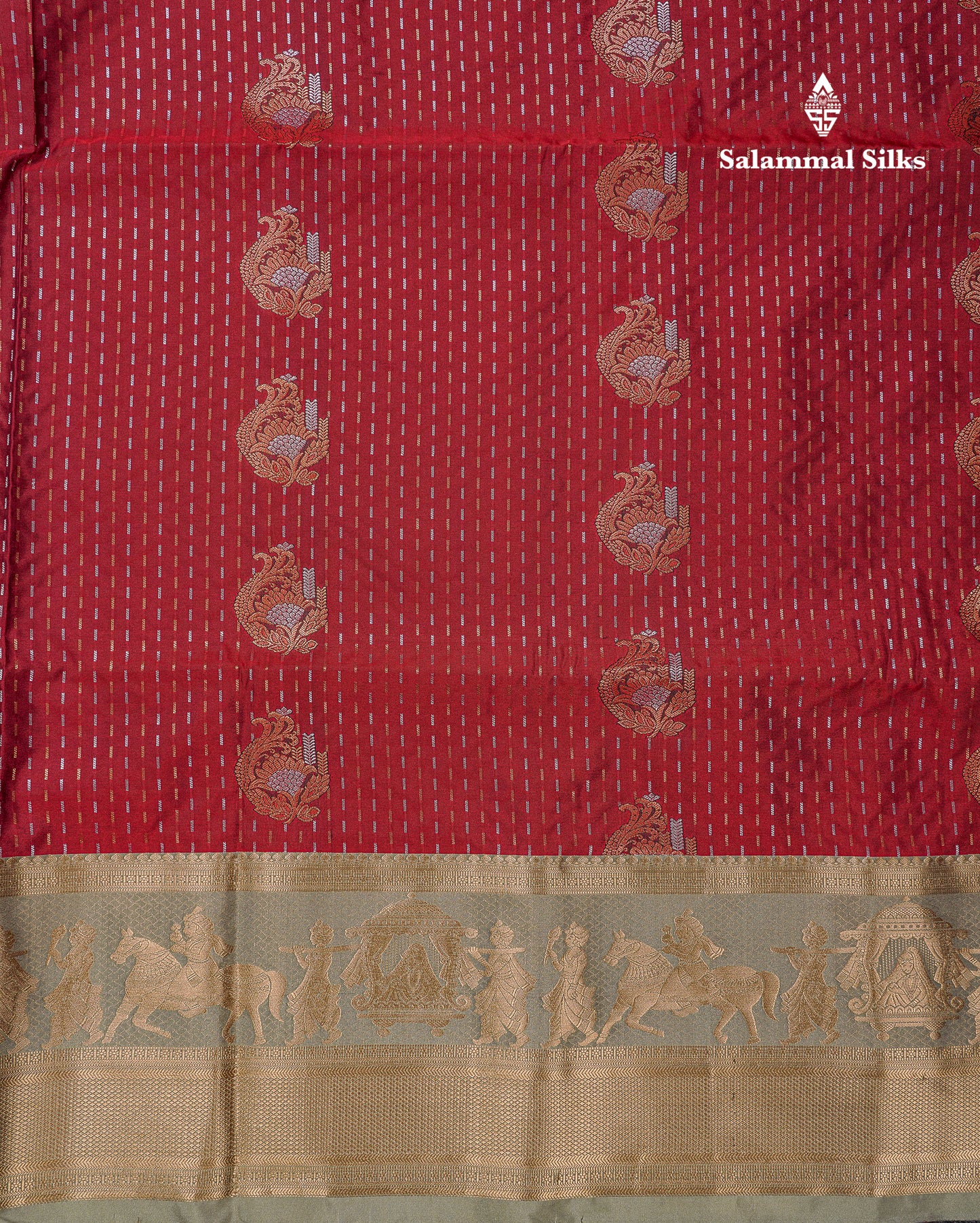 Beautiful Dark Violet Silver & Gold Zari Buttas Semi Silk Saree With Contrast Olive Green Traditional Pallaku Border