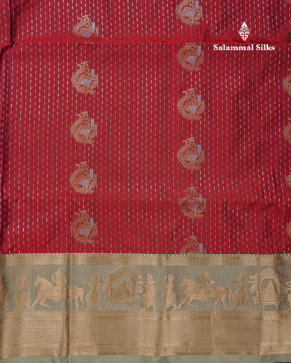 Beautiful Dark Violet Silver & Gold Zari Buttas Semi Silk Saree With Contrast Olive Green Traditional Pallaku Border