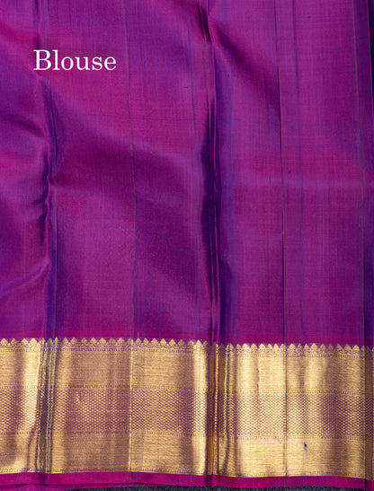 Dual Tone Peacock Green Bridal Pure Kanjivaram Silk Saree With Contrast Magenta Traditional Border