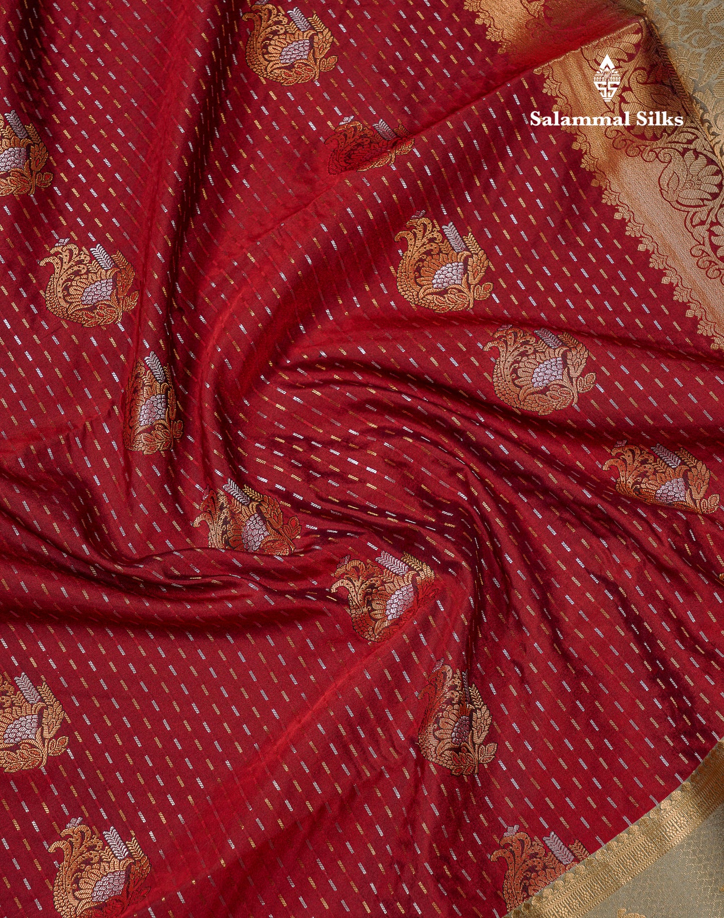 Beautiful Dark Violet Silver & Gold Zari Buttas Semi Silk Saree With Contrast Olive Green Traditional Pallaku Border