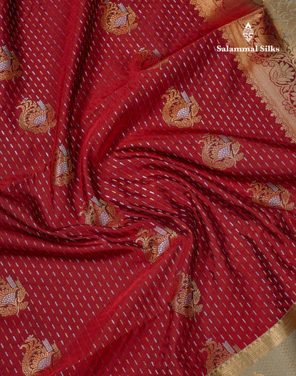 Beautiful Dark Violet Silver & Gold Zari Buttas Semi Silk Saree With Contrast Olive Green Traditional Pallaku Border