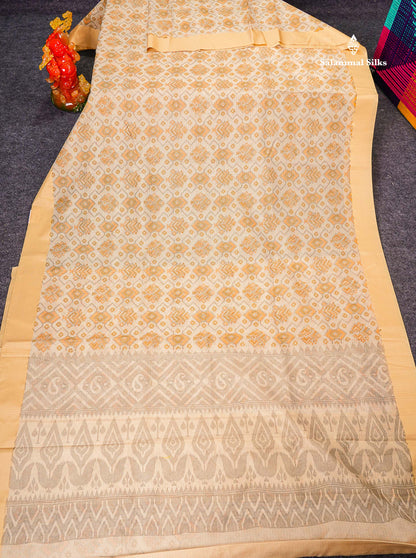 Kota Cotton Saree - Cream White Printed Along With Contrast Cream Sandal Plain Border