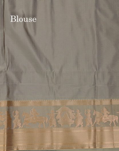 Beautiful Dark Violet Silver & Gold Zari Buttas Semi Silk Saree With Contrast Olive Green Traditional Pallaku Border