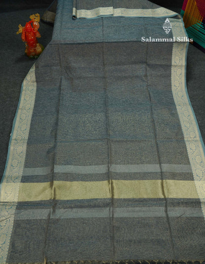 Beautiful Blueish Grey Vaira Oosi Linen Cotton Mix Saree With Fancy Border