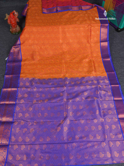 Semi Silk Saree - Orange Colour Body With Contrast Violet Evening Morning Border