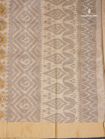 Kota Cotton Saree - Cream White Printed Along With Contrast Cream Sandal Plain Border