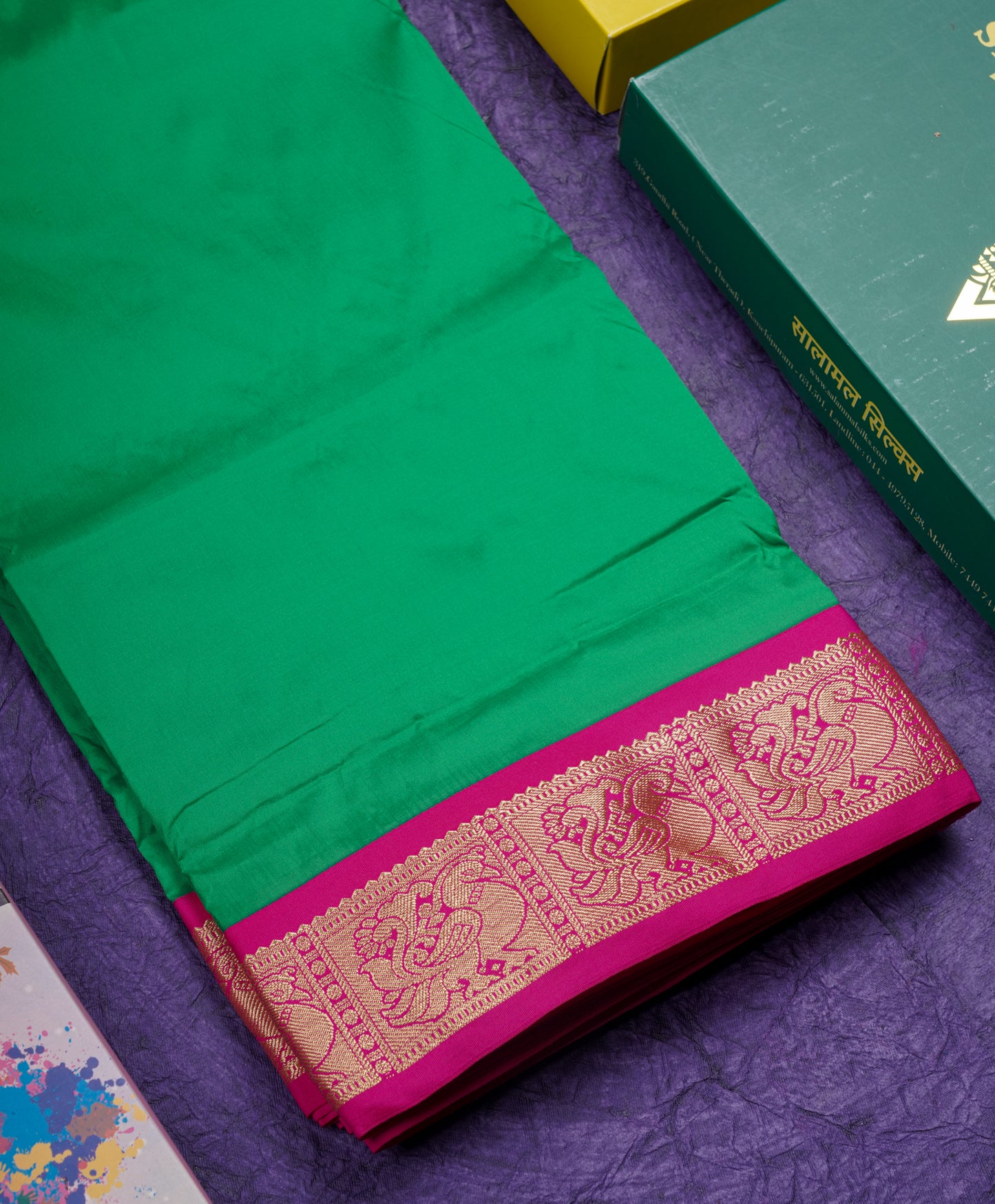 9.5 Yards Semi Silk Saree Bottle Green with Contrast Pink Border