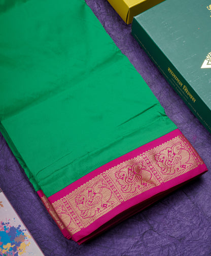 9.5 Yards Semi Silk Saree Bottle Green with Contrast Pink Border