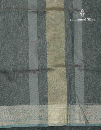 Beautiful Blueish Grey Vaira Oosi Linen Cotton Mix Saree With Fancy Border