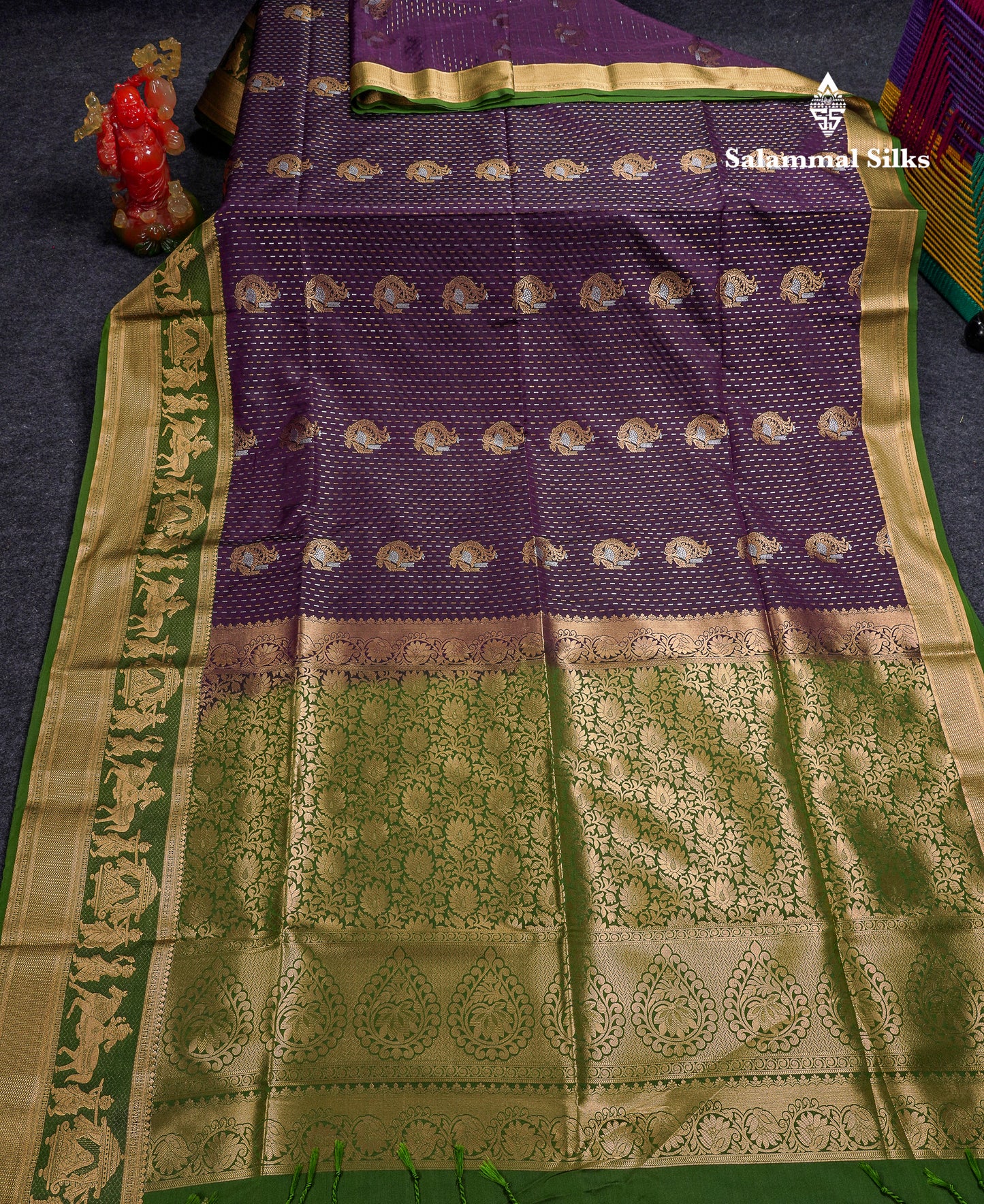 Beautiful Dark Violet Silver & Gold Zari Buttas Semi Silk Saree With Contrast Olive Green Traditional Pallaku Border
