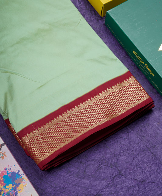 11 Yards Semi Silk Saree Light Green with Contrast Maroon Border