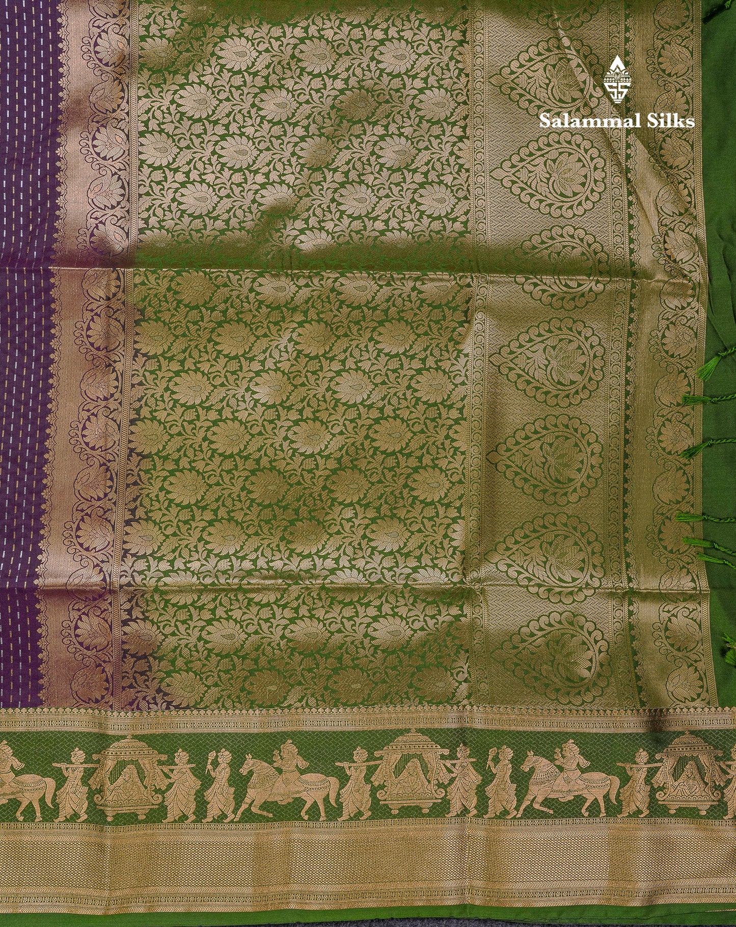 Beautiful Dark Violet Silver & Gold Zari Buttas Semi Silk Saree With Contrast Olive Green Traditional Pallaku Border