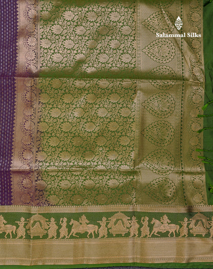 Beautiful Dark Violet Silver & Gold Zari Buttas Semi Silk Saree With Contrast Olive Green Traditional Pallaku Border