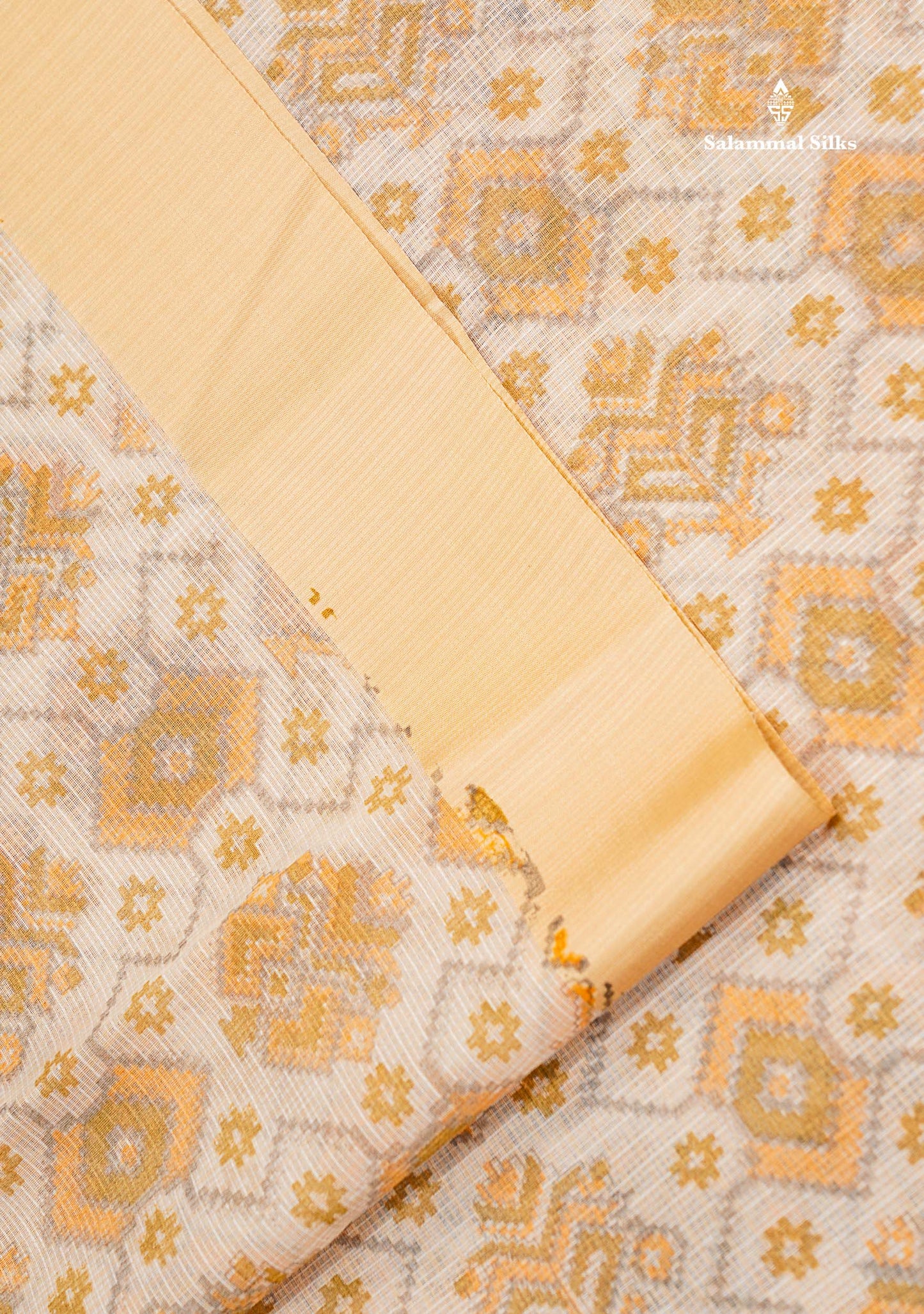 Kota Cotton Saree - Cream White Printed Along With Contrast Cream Sandal Plain Border