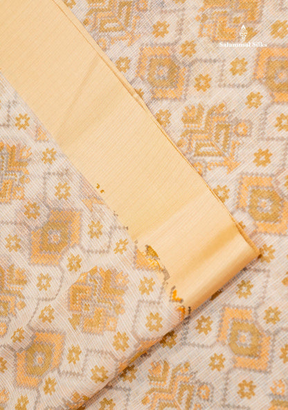 Kota Cotton Saree - Cream White Printed Along With Contrast Cream Sandal Plain Border