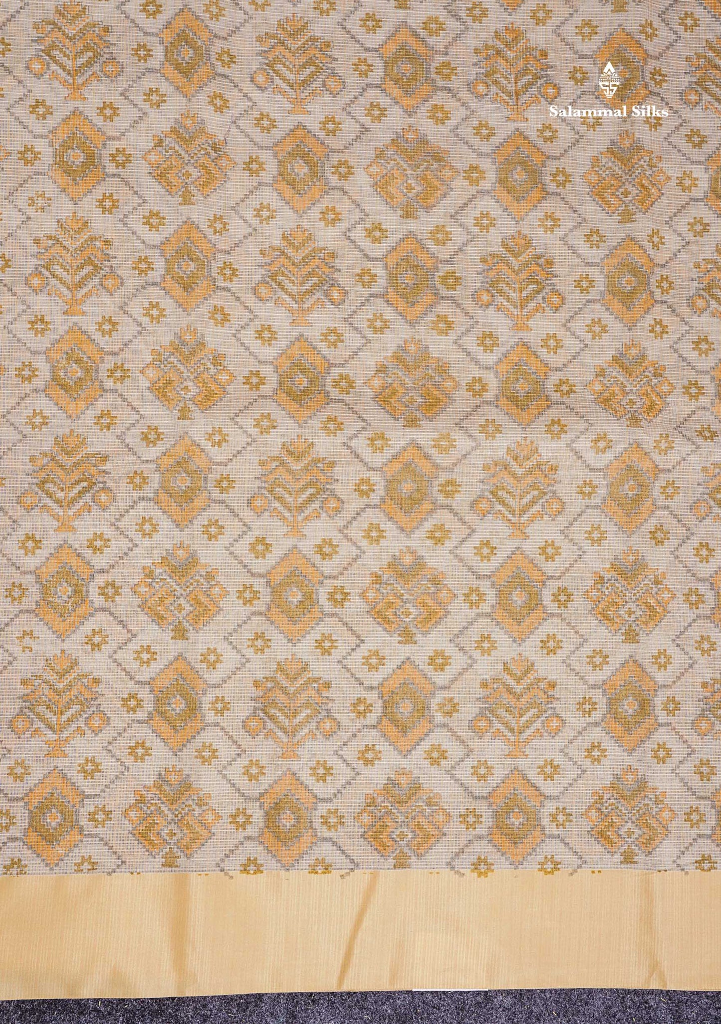 Kota Cotton Saree - Cream White Printed Along With Contrast Cream Sandal Plain Border