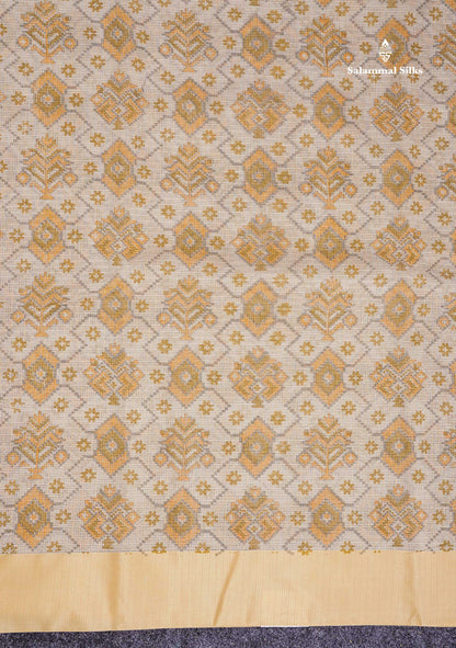 Kota Cotton Saree - Cream White Printed Along With Contrast Cream Sandal Plain Border